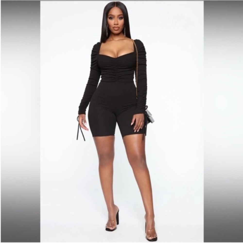 Fashion Nova Black Long Sleeve Ruched Romper